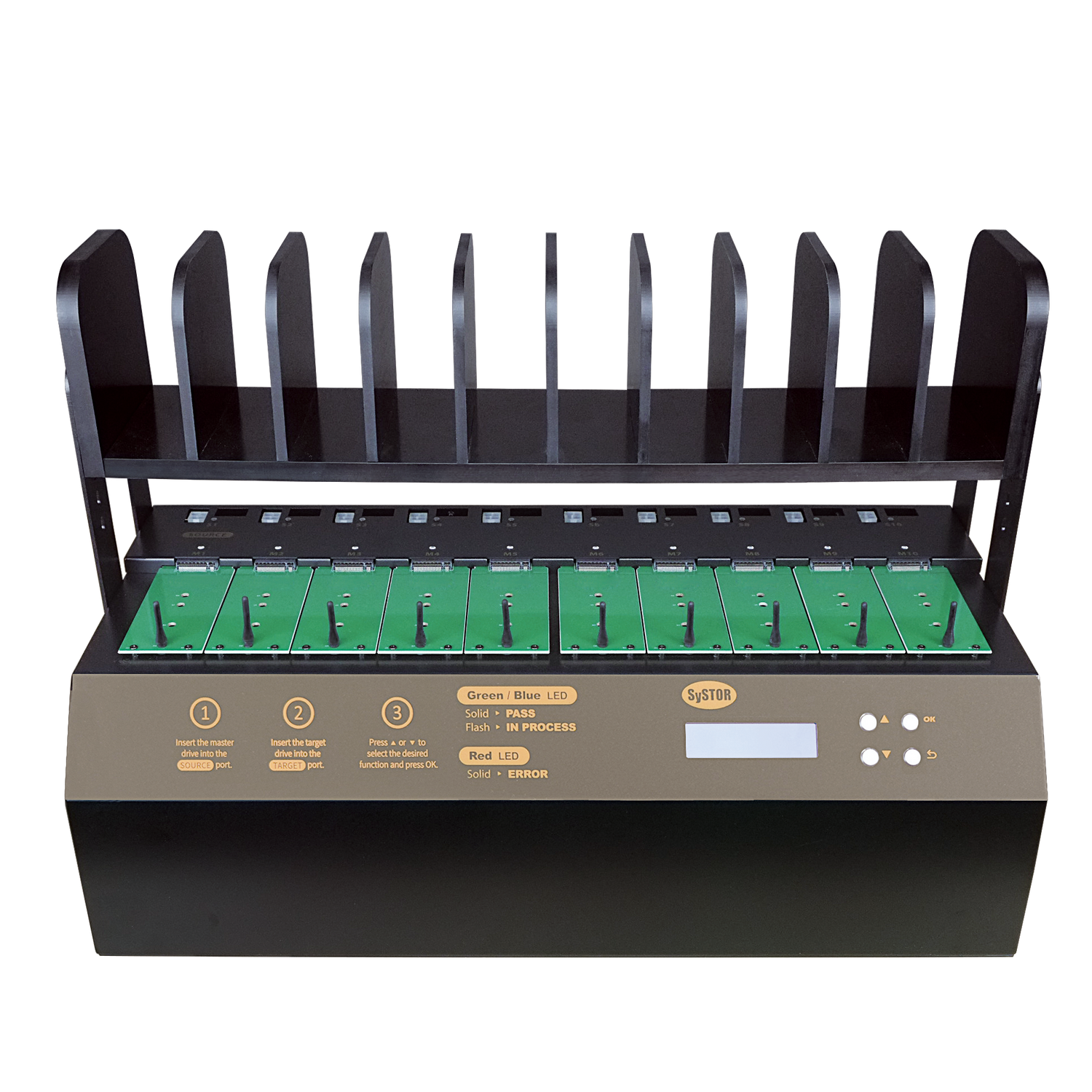 Systor 1 to 9 NVMe/SATA M.2 Duplicator & Sanitizer - up to 18GB/Min - for PCIe M2, 2.5" & 3.5" HDD & SSD Drives (SYSNVME-YL03PRO09)