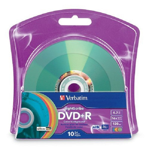 Verbatim LightScribe DVD+R Blank Disc Printable Media Color Background (96941) - 10 Pack Quantities